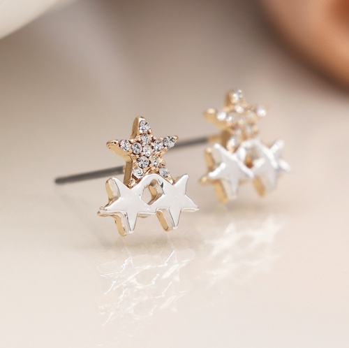 Faux Gold & Silver Plated Triple Star Stud with Crystals by Peace of Mind